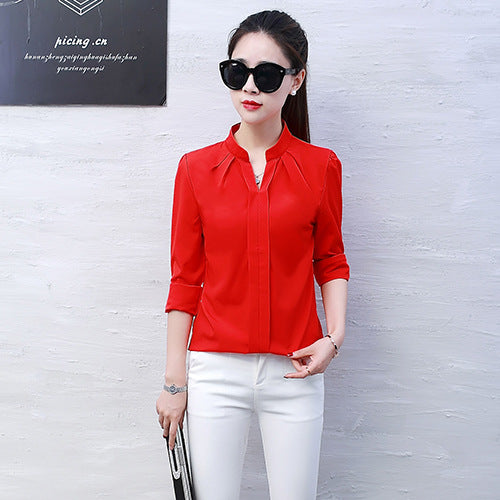 solid color thin long-sleeved spring and autumn new women's shirt with loose bottoming to show thin red chiffon