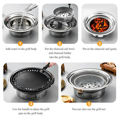 Charcoal Grill Non-stick Korean Barbecue Grill Portable Stainless Steel BBQ Charcoal Grill Stove for Outdoor Camping Cooking