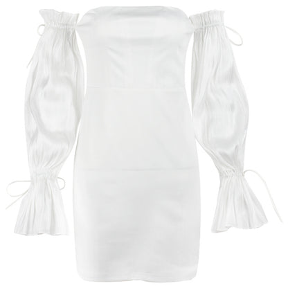 summer women's dress solid color one-line shoulder slim-fit mesh lantern sleeve bag hip dress