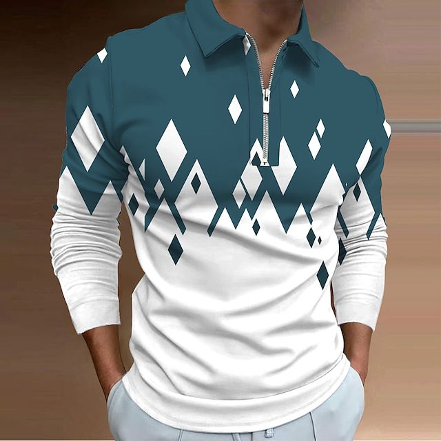 Men's zipper POLO shirt abstract graphic printing geometric pattern Long sleeve zipper printing fashion 3D digital printing