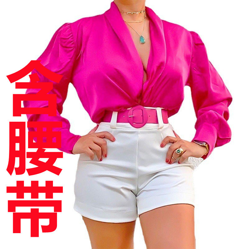 casual suit V-neck long sleeve solid color shirt top printed shorts two-piece set