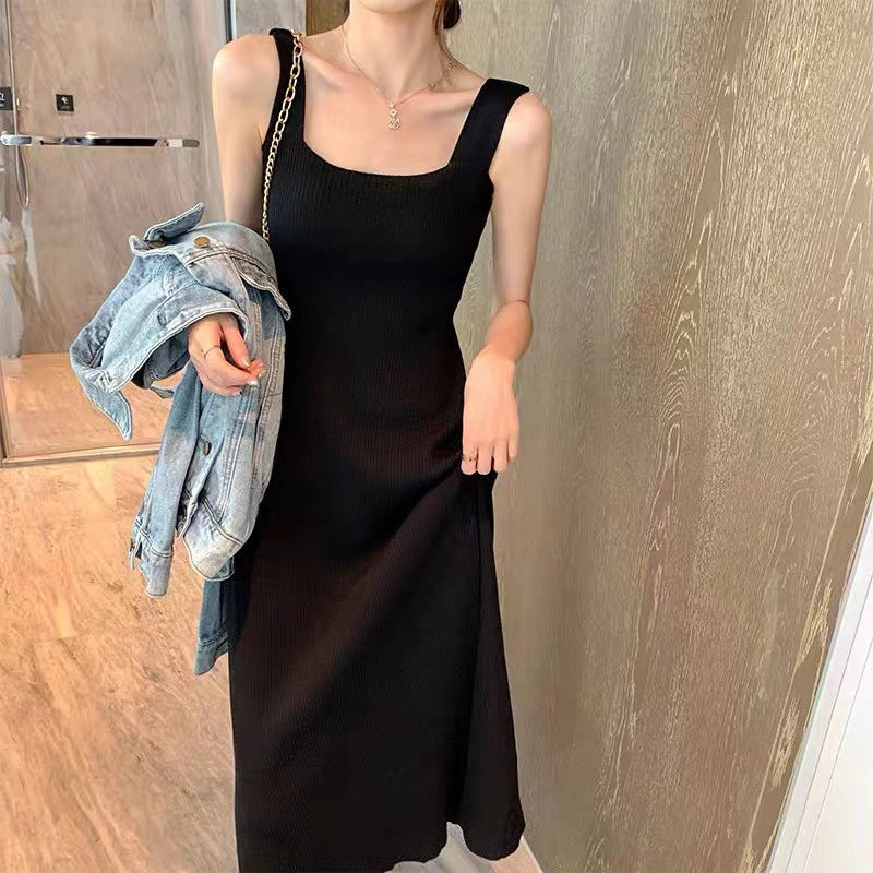Black Underlay Knitted Sling Dress Korean Version Loose Fat MM Covering Tank Top Skirt Temperament Waist Long Dress