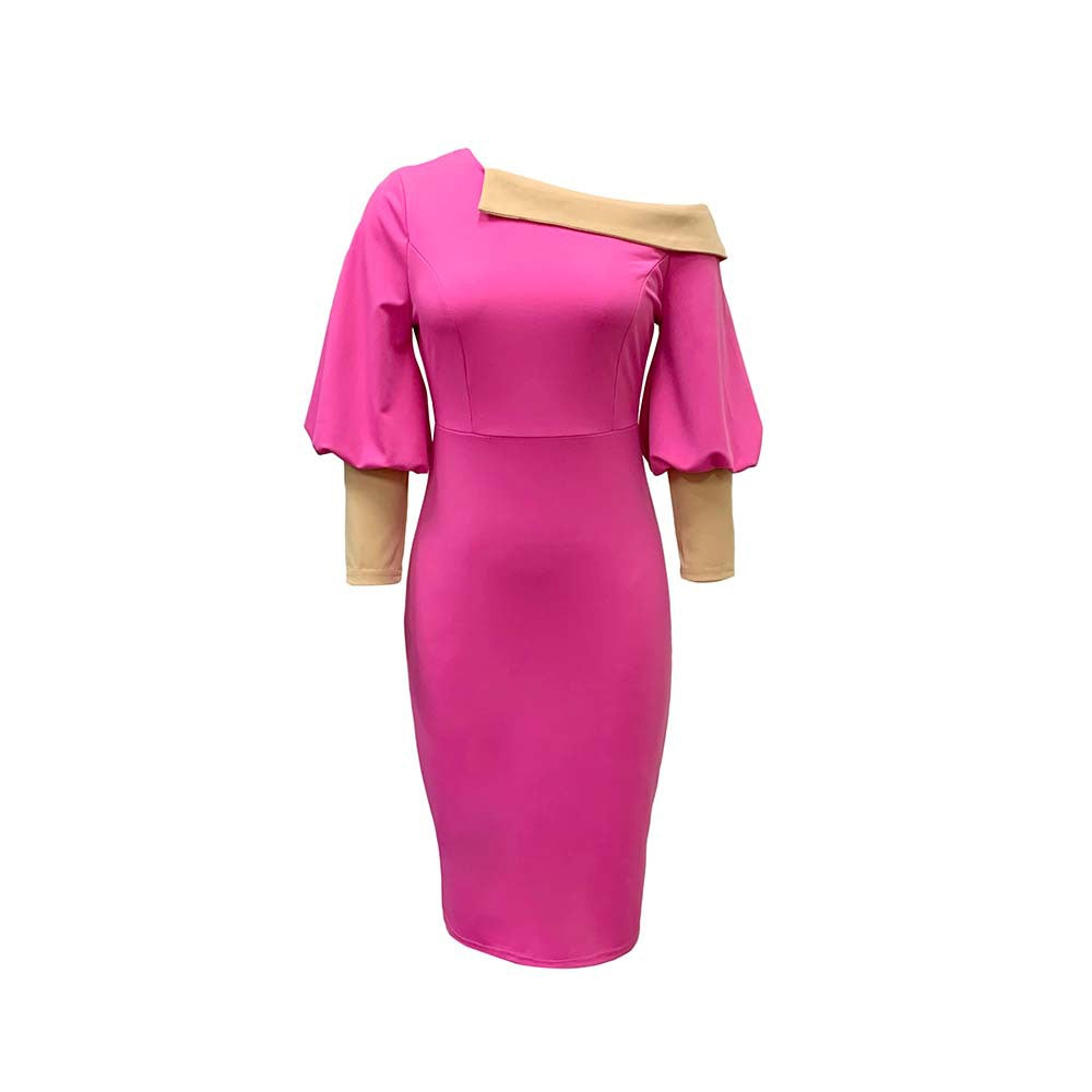 New Style Bubble Sleeve Contrast Color Bag Hip Sexy Ol Office Dress