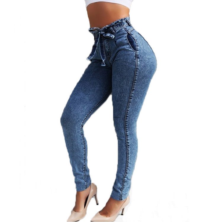 Women's Jeans Slim Fit Elastic Tassel Belt High Waist Jeans