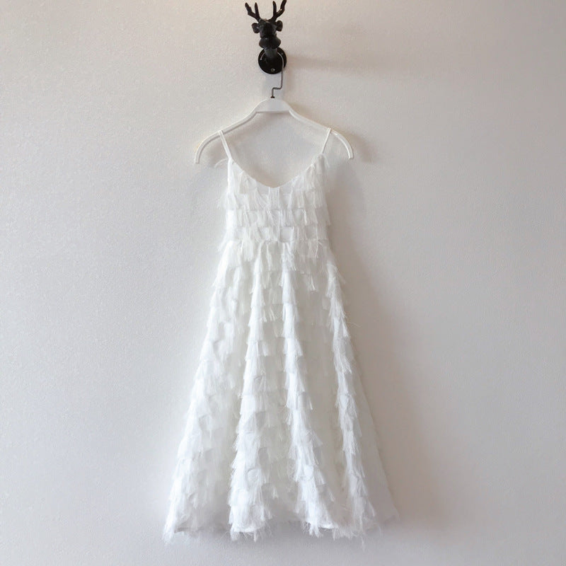 Parent Child New Beach Seaside Holiday White Suspender Backless Feather Dress