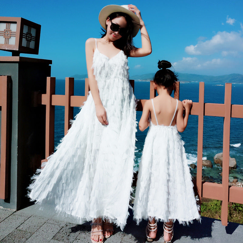 Parent Child New Beach Seaside Holiday White Suspender Backless Feather Dress