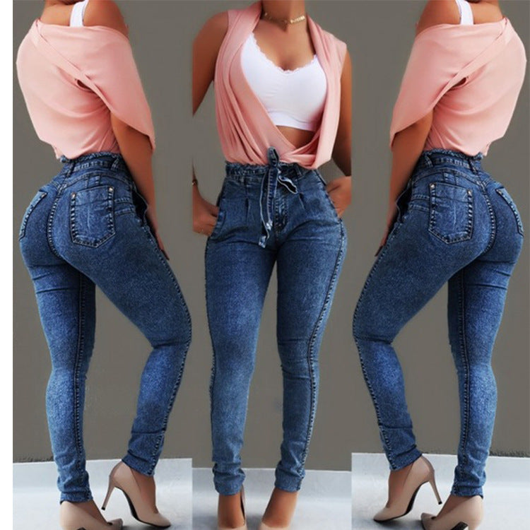 Women's Jeans Slim Fit Elastic Tassel Belt High Waist Jeans