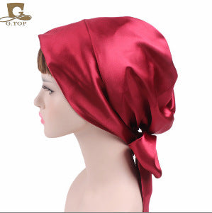 Women's Satin Printed Ribbon Bow Scarf Hat Nightcap Silk Hat