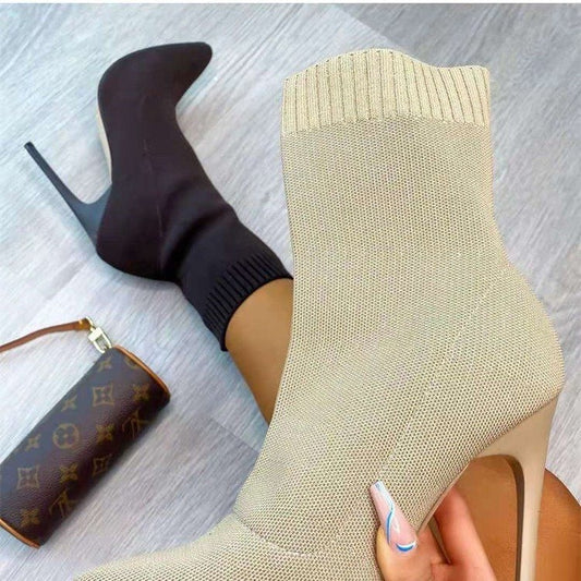 Women's Pointed Toe Thick Heel Martin Elastic Knitted Socks Boots