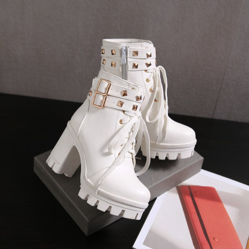Women's Fashion Martin High Heels Thick With White Ankle Boots