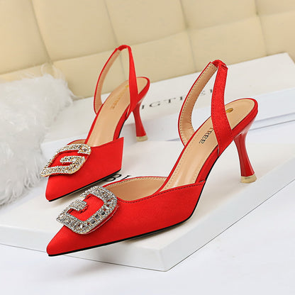 High-Heeled Shallow Mouth Pointed Back Strap Metal Rhinestone Buckle Women's Shoes