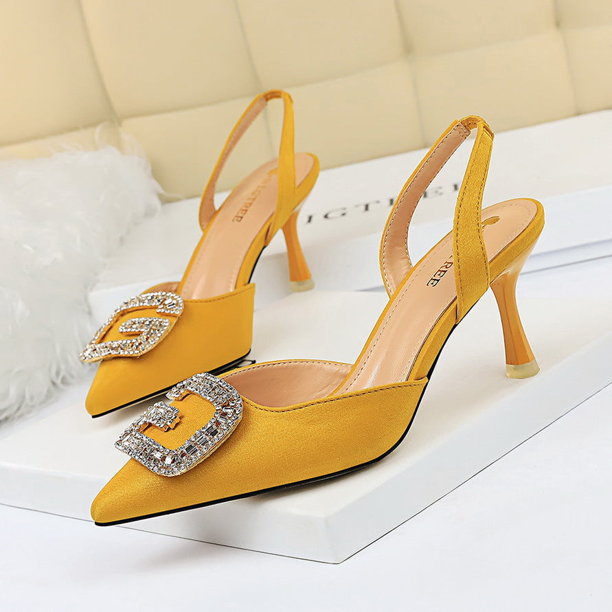 High-Heeled Shallow Mouth Pointed Back Strap Metal Rhinestone Buckle Women's Shoes