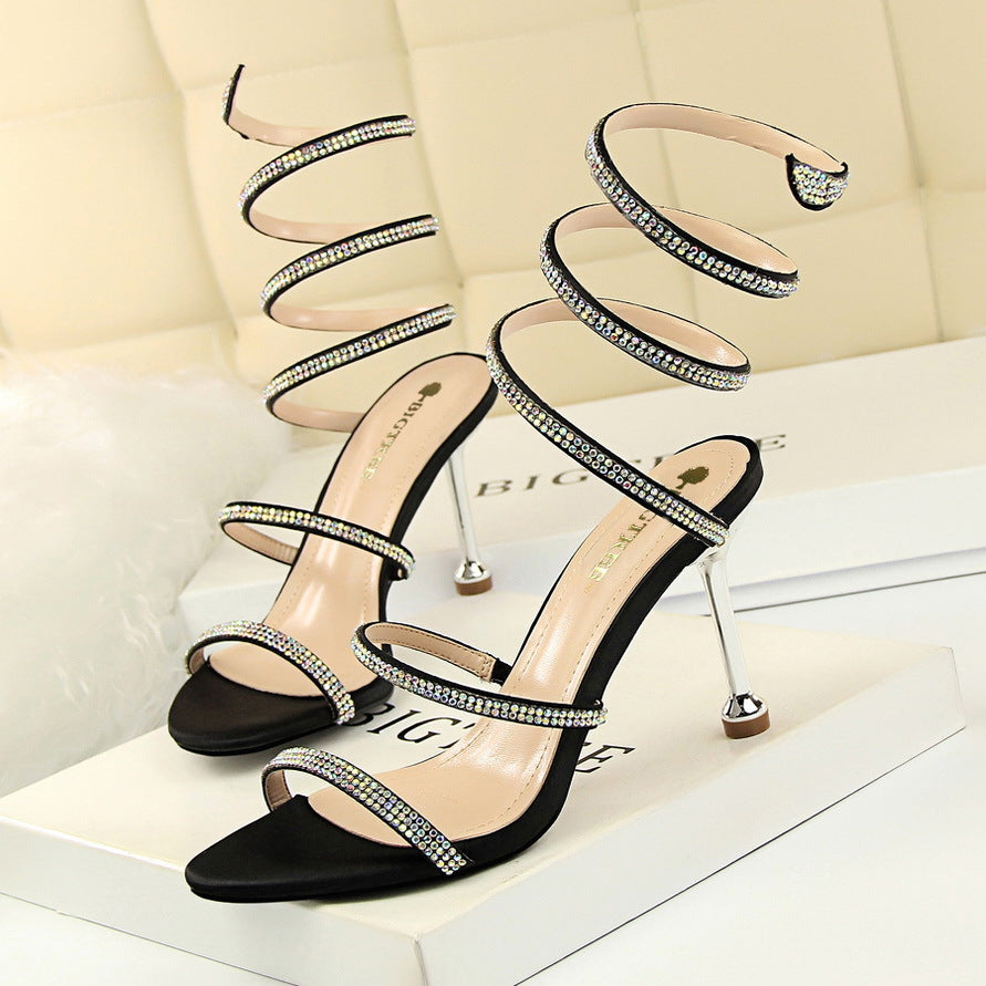 Fashion Women's High-heel Snake-Shaped With Rhinestones Ankle Strap Sandals