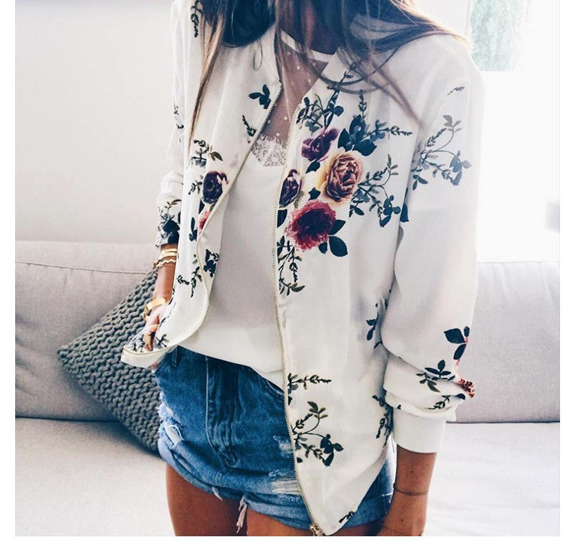 Autumn and Winter Fashion Female Printed Round Neck Zipper Long Sleeve Coat