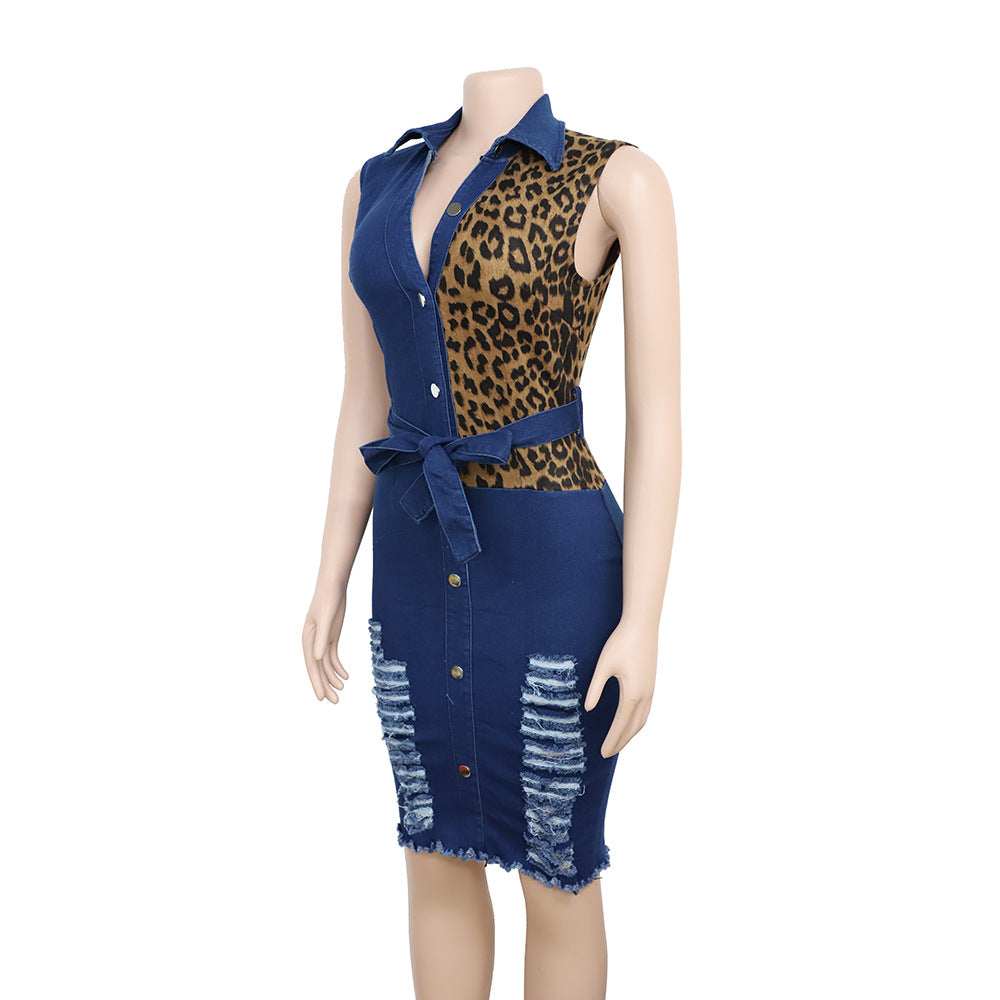 Women's V-neck High Elastic Leopard Print Stitched Wash Hole Denim Skirt African Dress Lady Dress