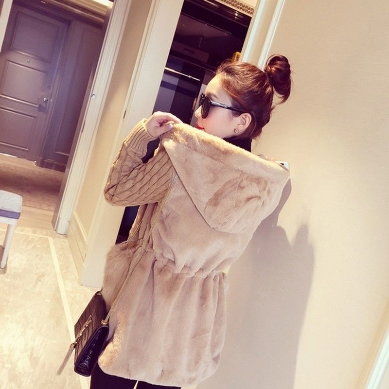 Women's New Fashion Knitted Stitched Plush Imitation Fur Thickened Hooded Jacket