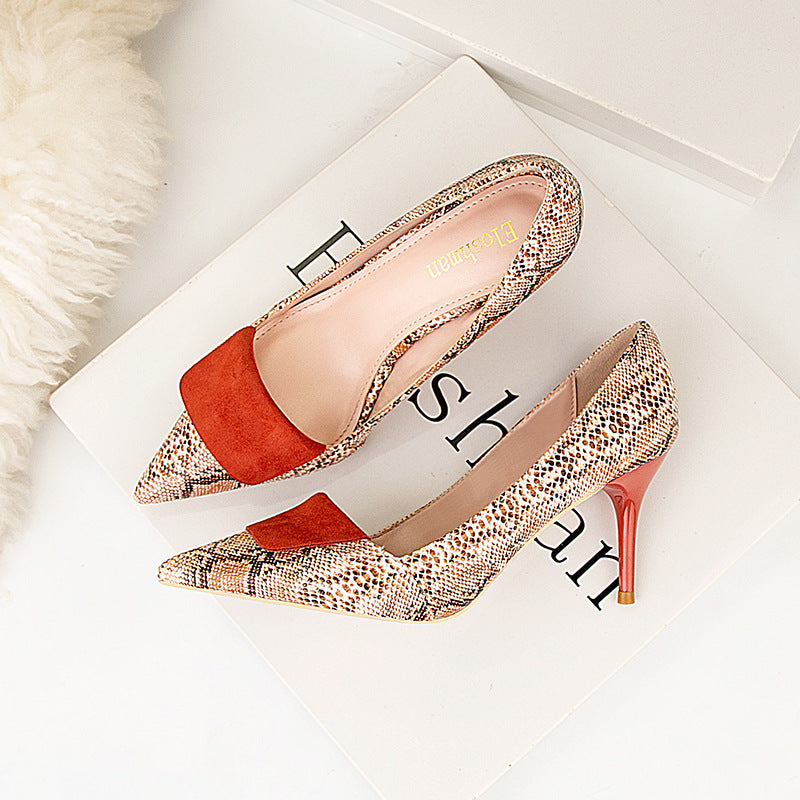 Pointed Thin Heeled Women's Single Shoes Splicing Snake Pattern Women's Shoes Sexy Thin Versatile High Heeled Shoes