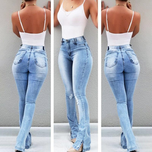 spring fashion elastic slit flared high waist jeans women's trousers