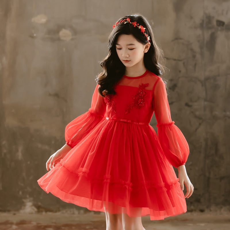 Children's Wear White Princess Red Gauze Bubble Sleeve Dress