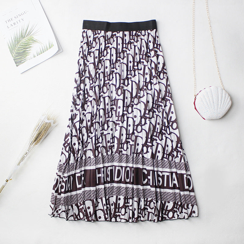 Floral Chiffon Pleated Skirt Medium Length Elastic Waist Skirt Big Swing A-line Skirt