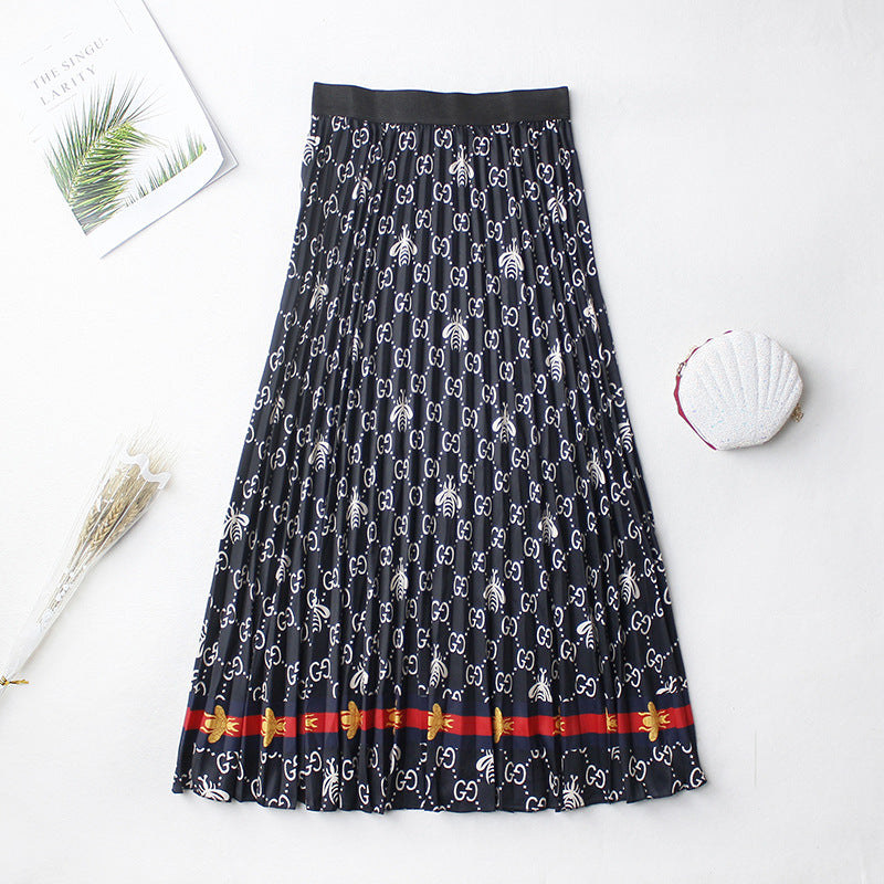 New Women's Floral Chiffon Pleated Medium Length Elastic Waist Skirt