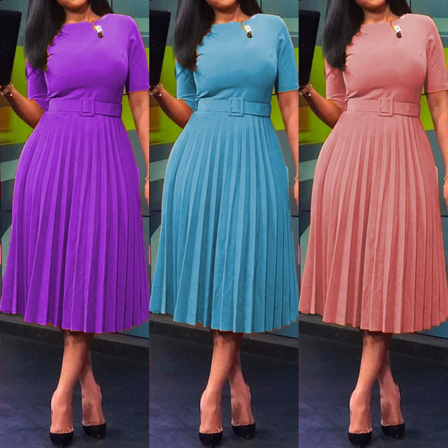 Women's dresses in American and African solid color with pleated skirts and waistbands are in stock