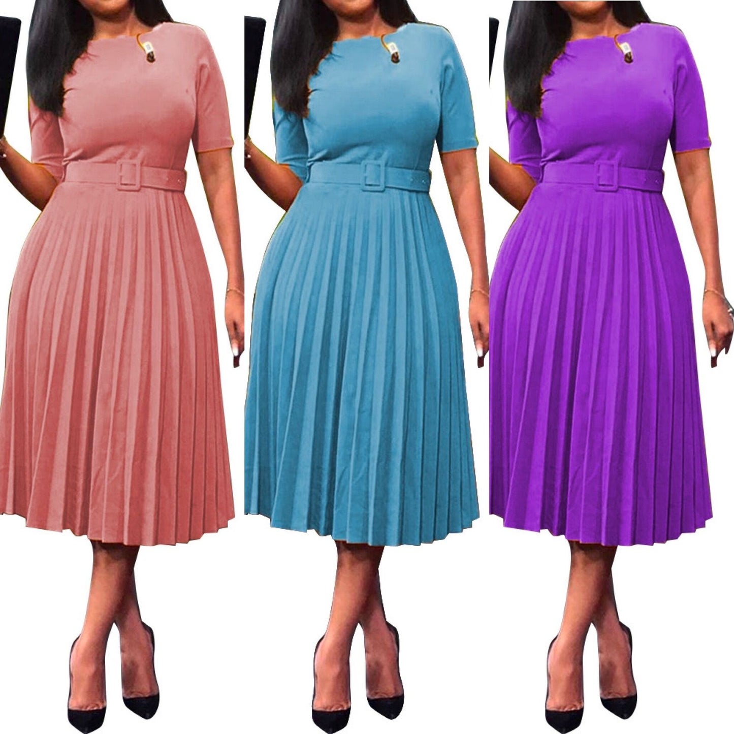 Women's dresses in American and African solid color with pleated skirts and waistbands are in stock