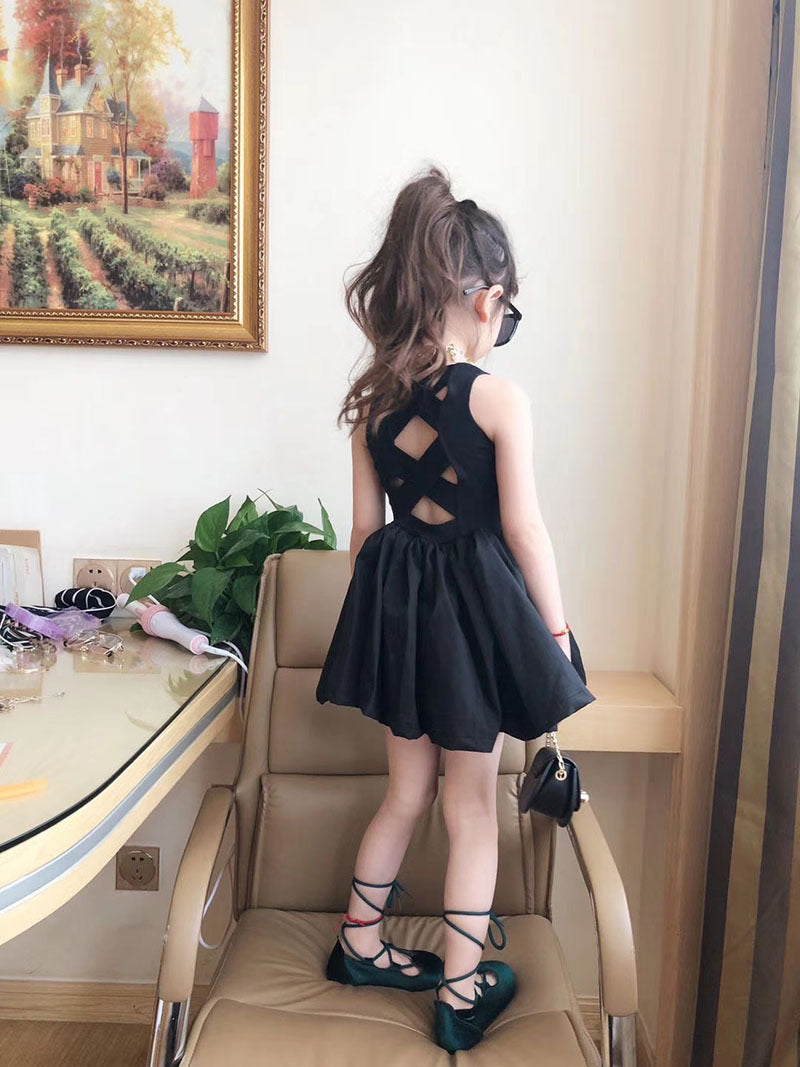Summer Back Cross Hepburn Style Small Black Skirt Fluffy Children's Dress