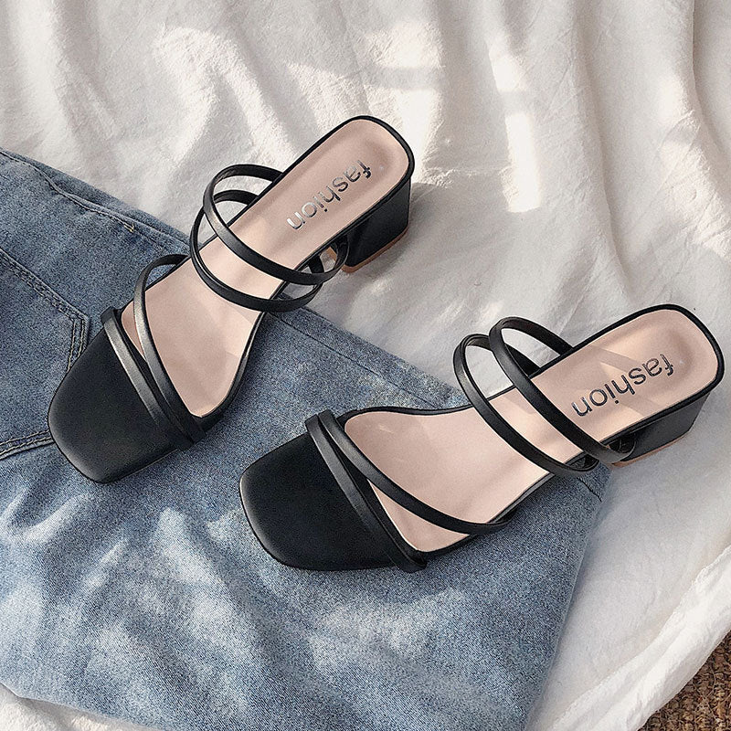 Black Ribbon Sandals Fairy Style New Medium Heel Sandals for Women Shoes