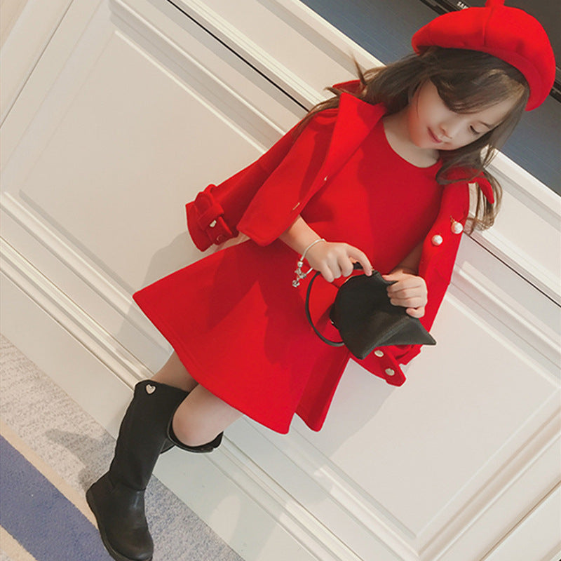 New Fashion Woollen Red Foreign Style Princess Dress