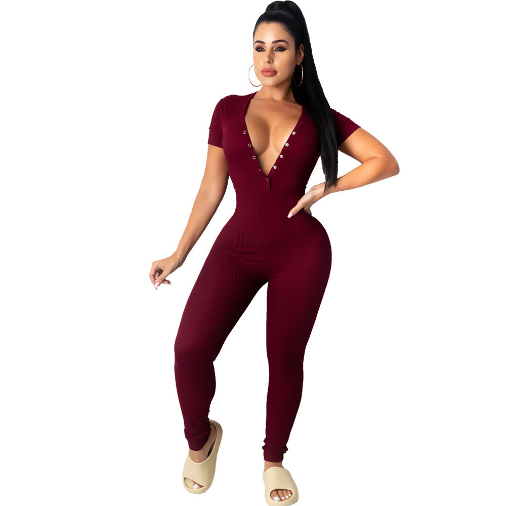 Solid Color Small Pit Strips Sexy V Neck Slim Jumpsuit Woman