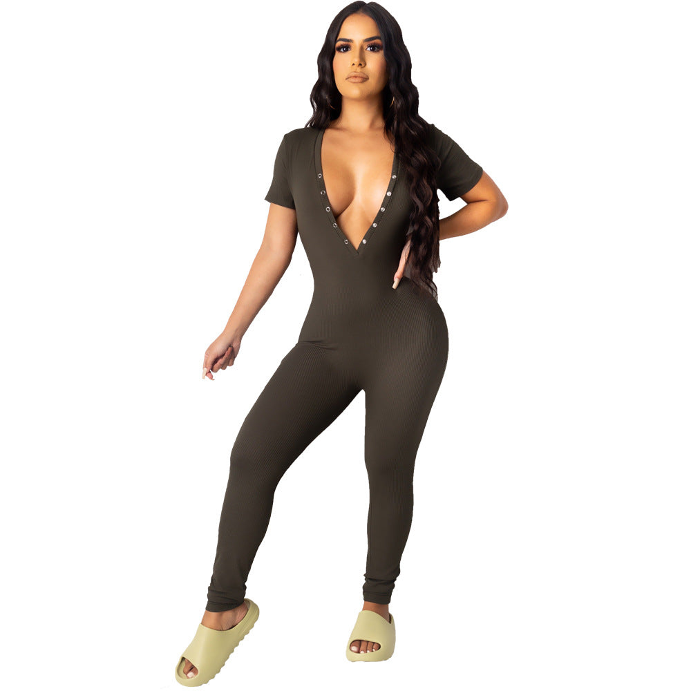 Solid Color Small Pit Strips Sexy V Neck Slim Jumpsuit Woman
