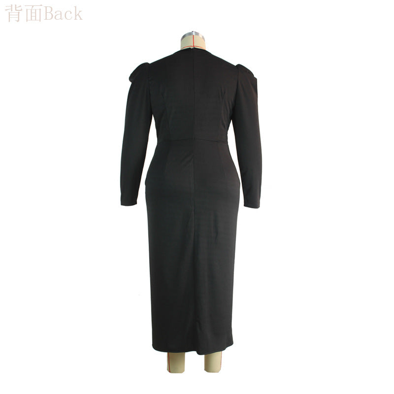 Women's Plus Size Dress V-neck Irregular Skirt Long Sleeves Solid Color Split Dress