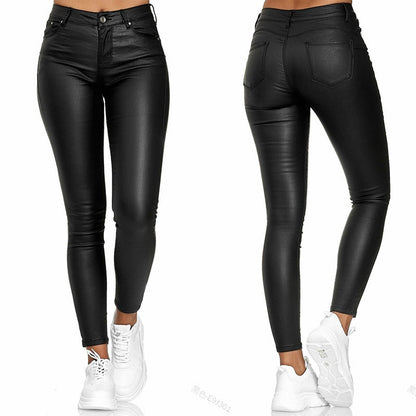 European And American Women's New Casual PU Leather Small Leg Pants