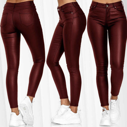 European And American Women's New Casual PU Leather Small Leg Pants