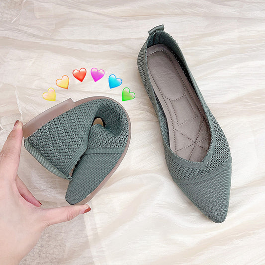 Women's Summer New Solid Color Soft Bottom Flat Hollow Breathable Knitted Shoes