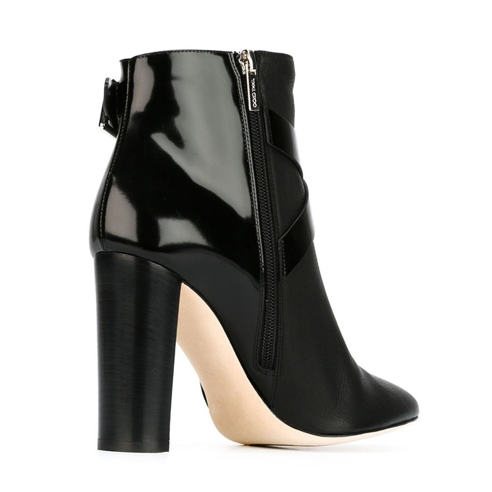 Fashion Buckle Leather Matte Stitching Leather Pointed Thick Heel Ankle Boots