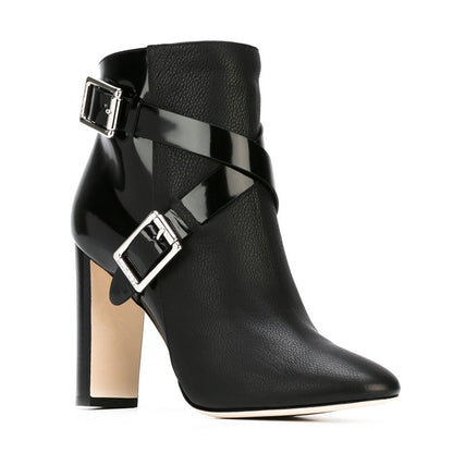 Buckle Leather Thick Heel Ankle Boots | Affordable-buy
