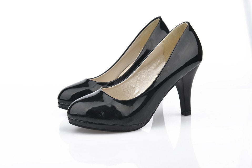 Women's High Heels Single Patent Leather Shallow Round Head Wedding Shoes