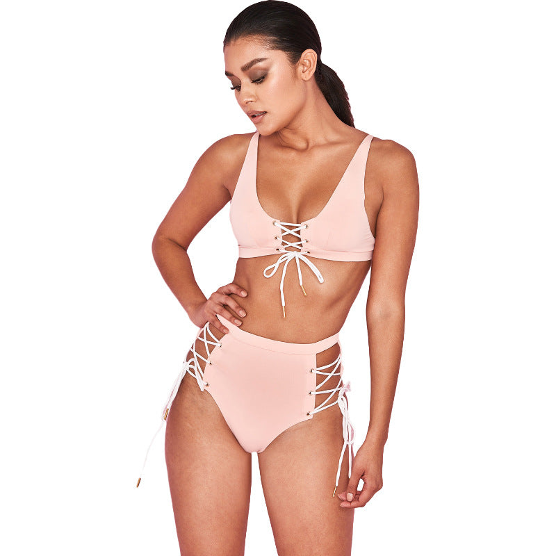 European And American Sexy High Waist Solid Color Split Women'S Bikini Swimming Suit