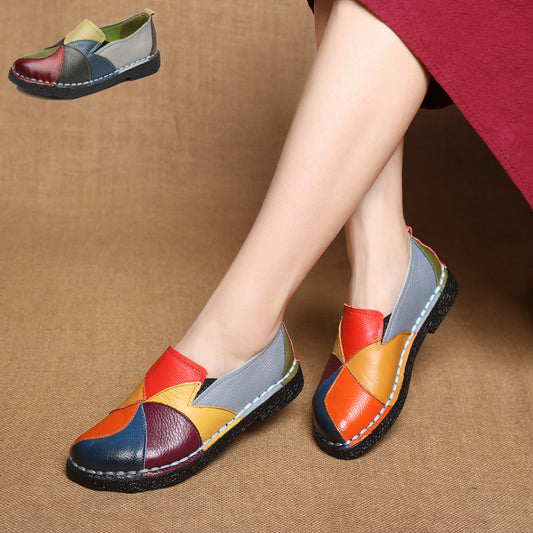 Lady Shoes National Style Large Women's Shoes Leather Color Matching Retro Flat Heel Soft Sole Shoes Mother's Shoes