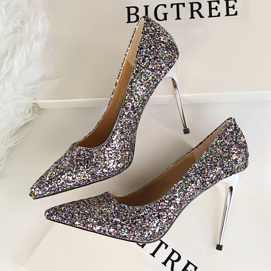 Women's Shallow Mouth Pointed Toe Shiny Sequins Sexy Slim Nightclub Single Shoes
