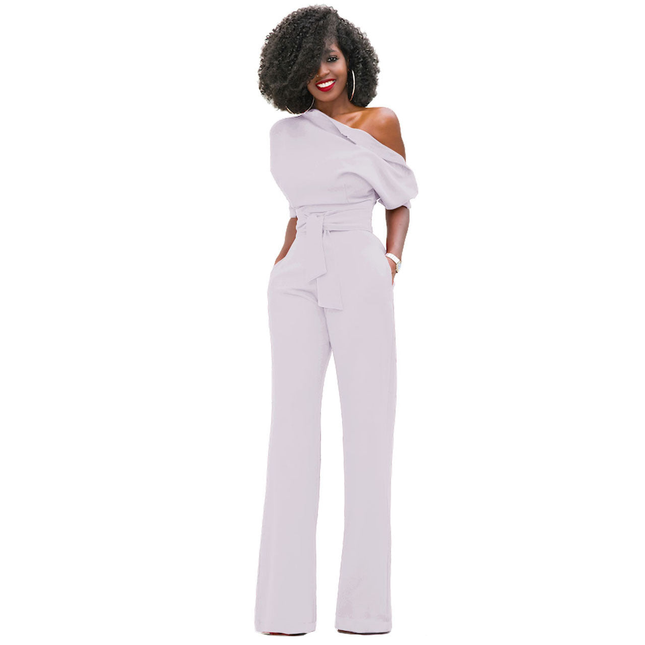 European And American Classic Solid Color Diagonal Collar Button One-piece Wide Leg Pants