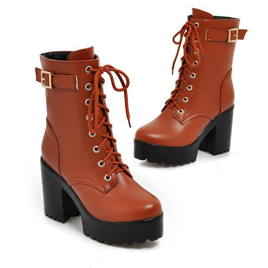 Lace Up Martin Chunky High Heels Women's Boots