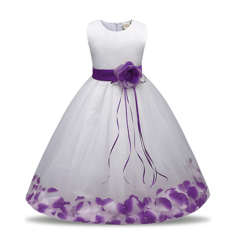 Summer Multicolor Petal Long Flower Mesh Princess Girl Wedding Dress