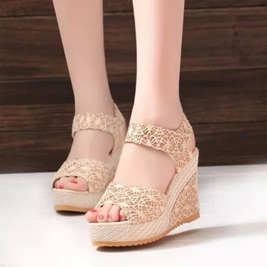 Summer slope heel sandals, Velcro fastener, thick bottom waterproof platform, muffin shoes, breathable lace, hollow out super high heel sandals, female