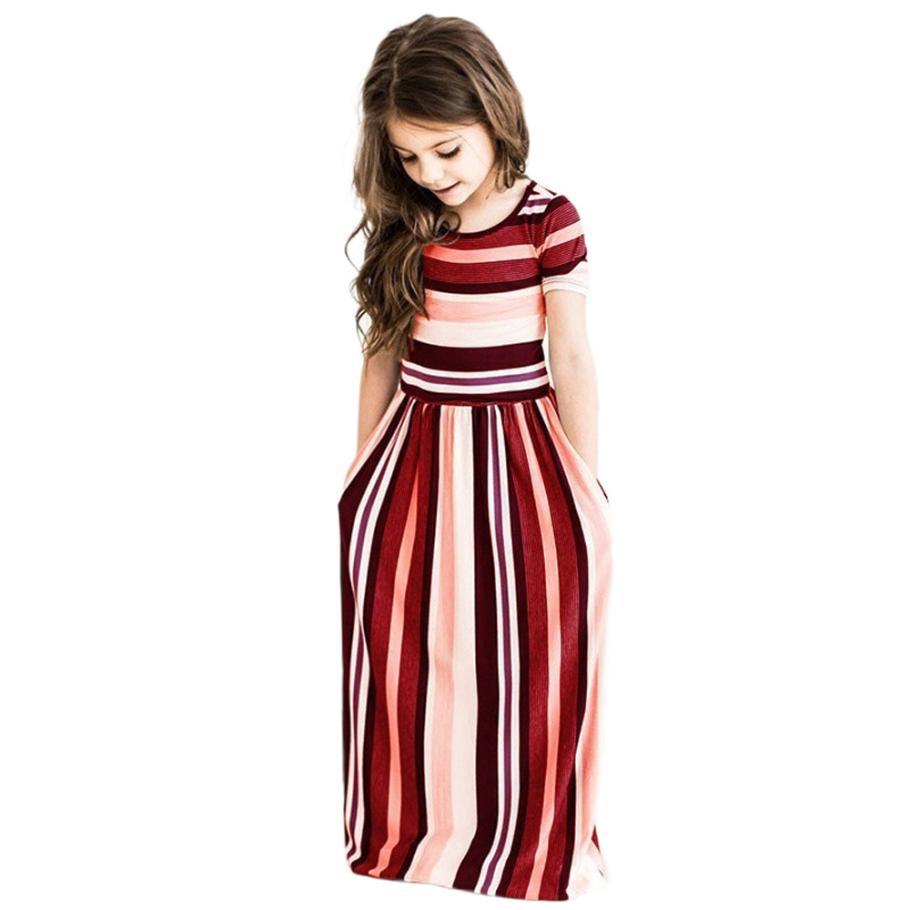 Children's Stripe Printing Round Neck Short Sleeve Waist Closing Dress