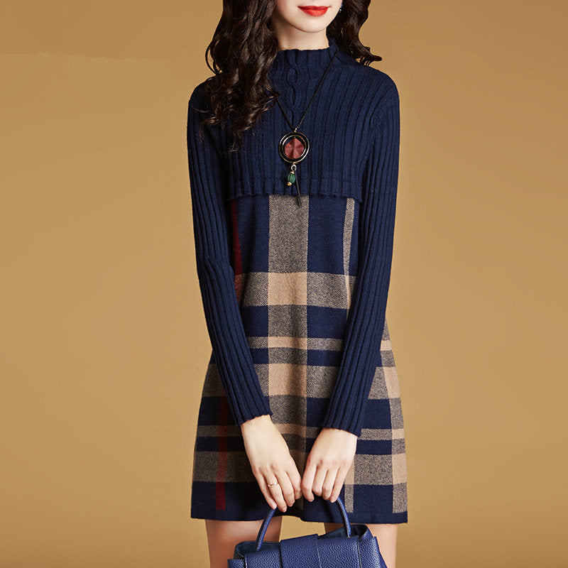Women's Temperament Knitted Plaid Long Sleeve Stitching A-line New Bottoming Dress