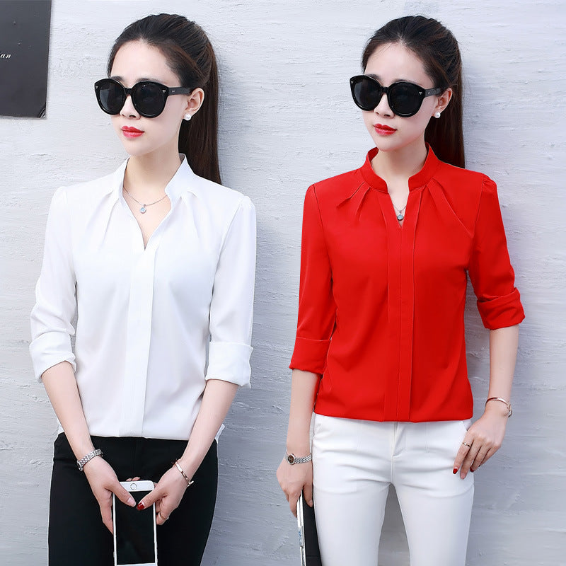 solid color thin long-sleeved spring and autumn new women's shirt with loose bottoming to show thin red chiffon