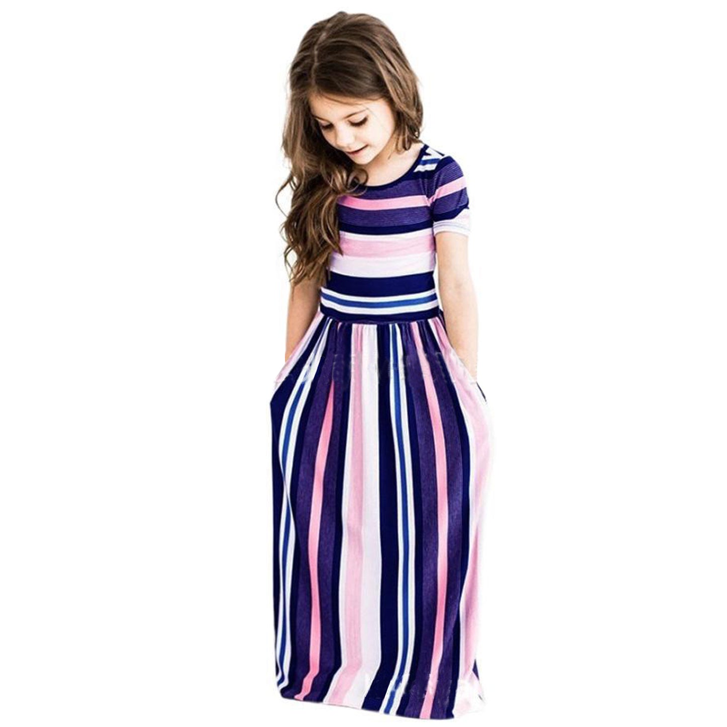 Children's Stripe Printing Round Neck Short Sleeve Waist Closing Dress